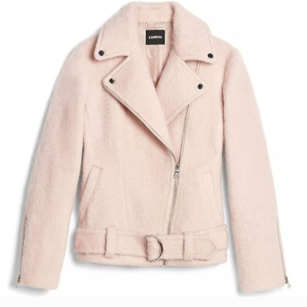Express Pink Wool Blend Belted Moto Jacket Coat Medium - Picture 4 of 16